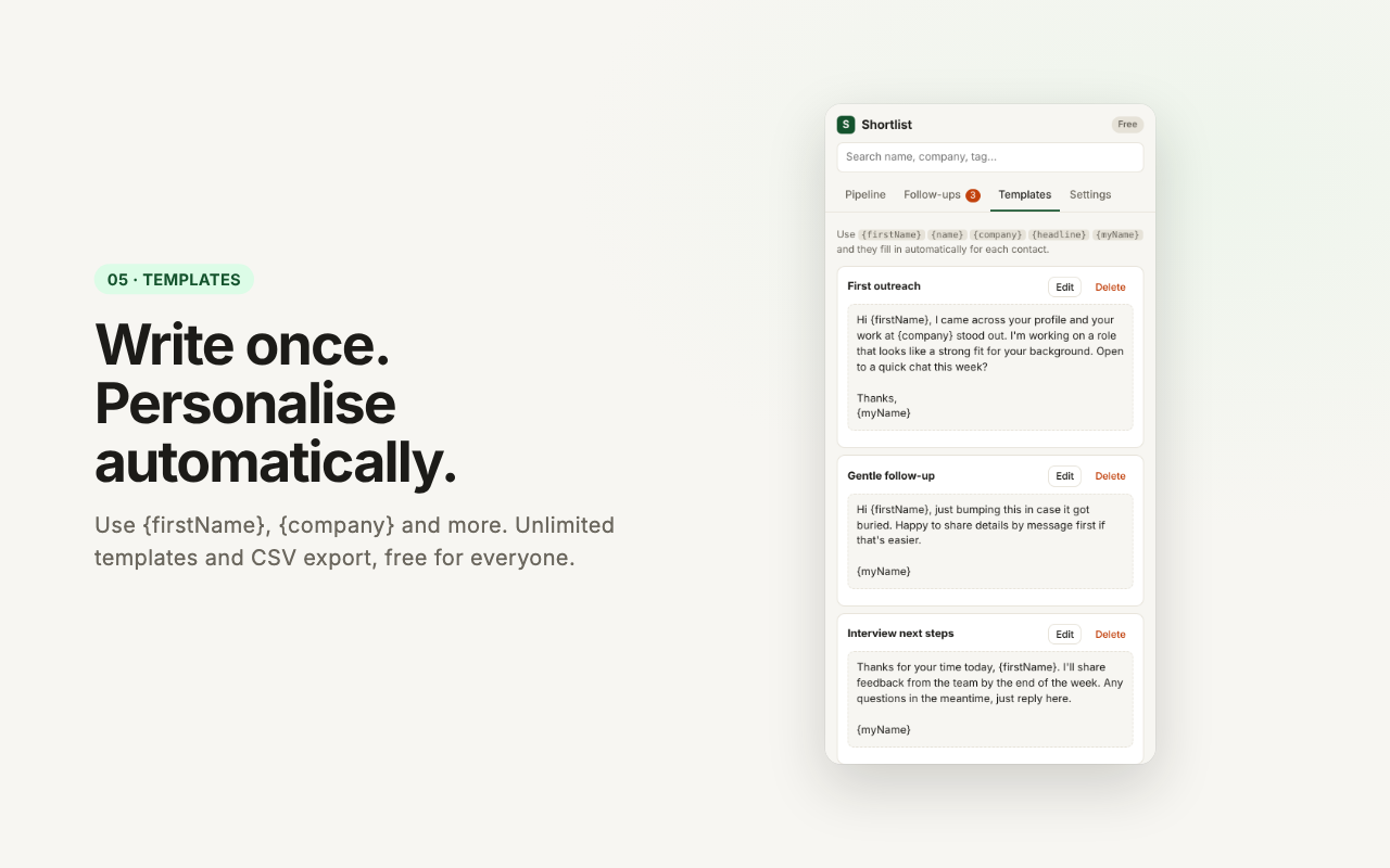 Write once, personalise automatically. The Templates tab with three message templates using firstName, company and myName variables.